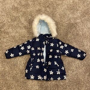Girls' Navy Floral Puffer Coat with Faux Fur Hood